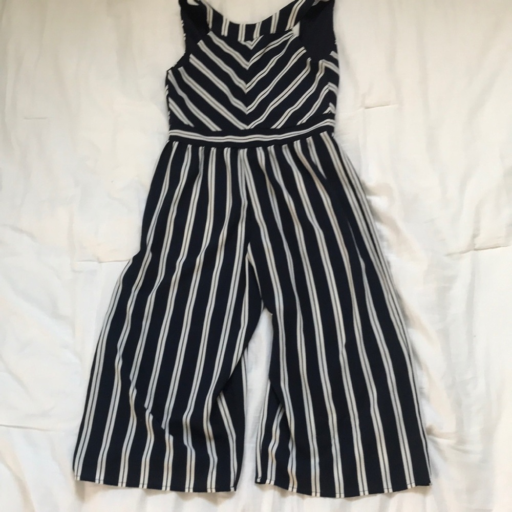 Halter neck romper, navy and white striped